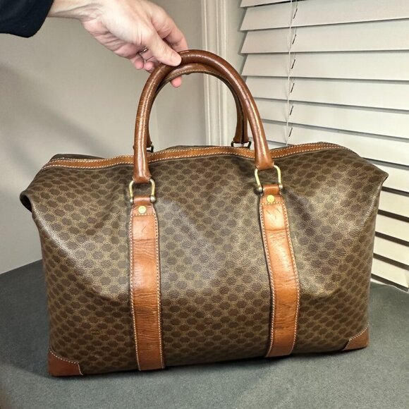 👜 VINTAGE CELINE MACADAM CANVAS & CALFSKIN BOSTON TRAVEL BAG - TAN LEATHER 👜 - Picture 2 of 13